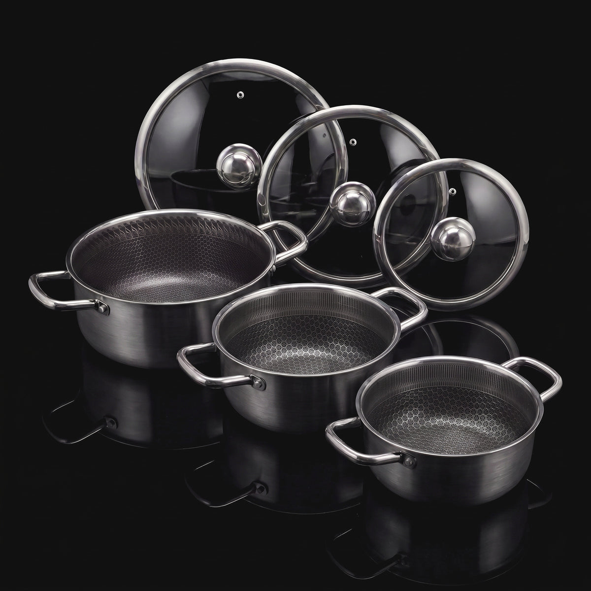 6-osaline Kuro™ potikomplekt: kolm potti ja kolm klaaskaant
