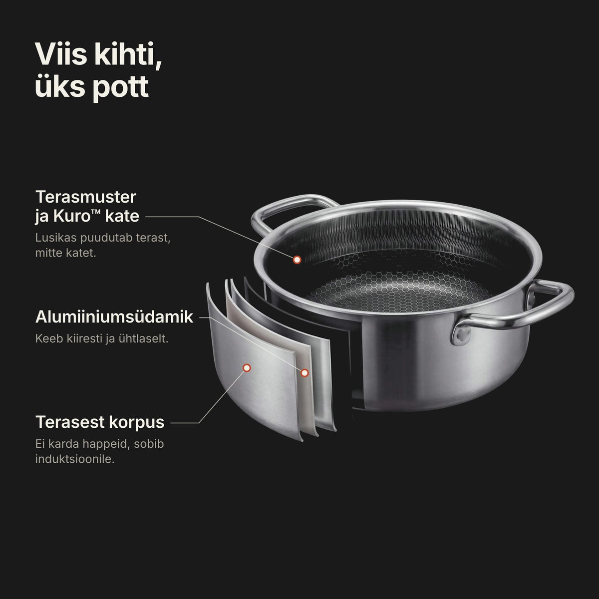 Viis kihti, üks pott: terasmuster ja Kuro™ kate, alumiiniumsüdamik, terasest korpus